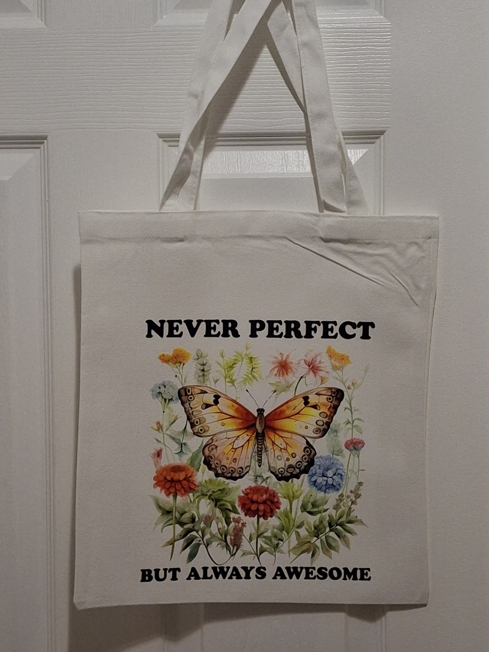 Never Perfect White Canvas Tote with Butterfly Floral Print